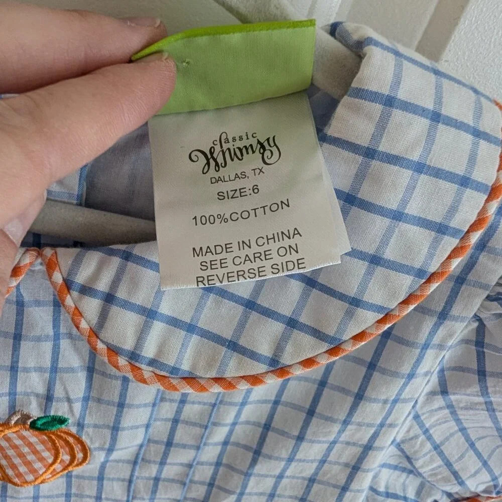 Blue Gingham Pumpkin Applique Kids Formal Dress